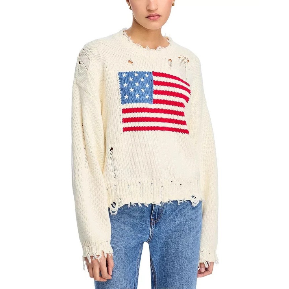 Denimist Montauk NY Oversized Cropped American Flag Distressed Sweater
